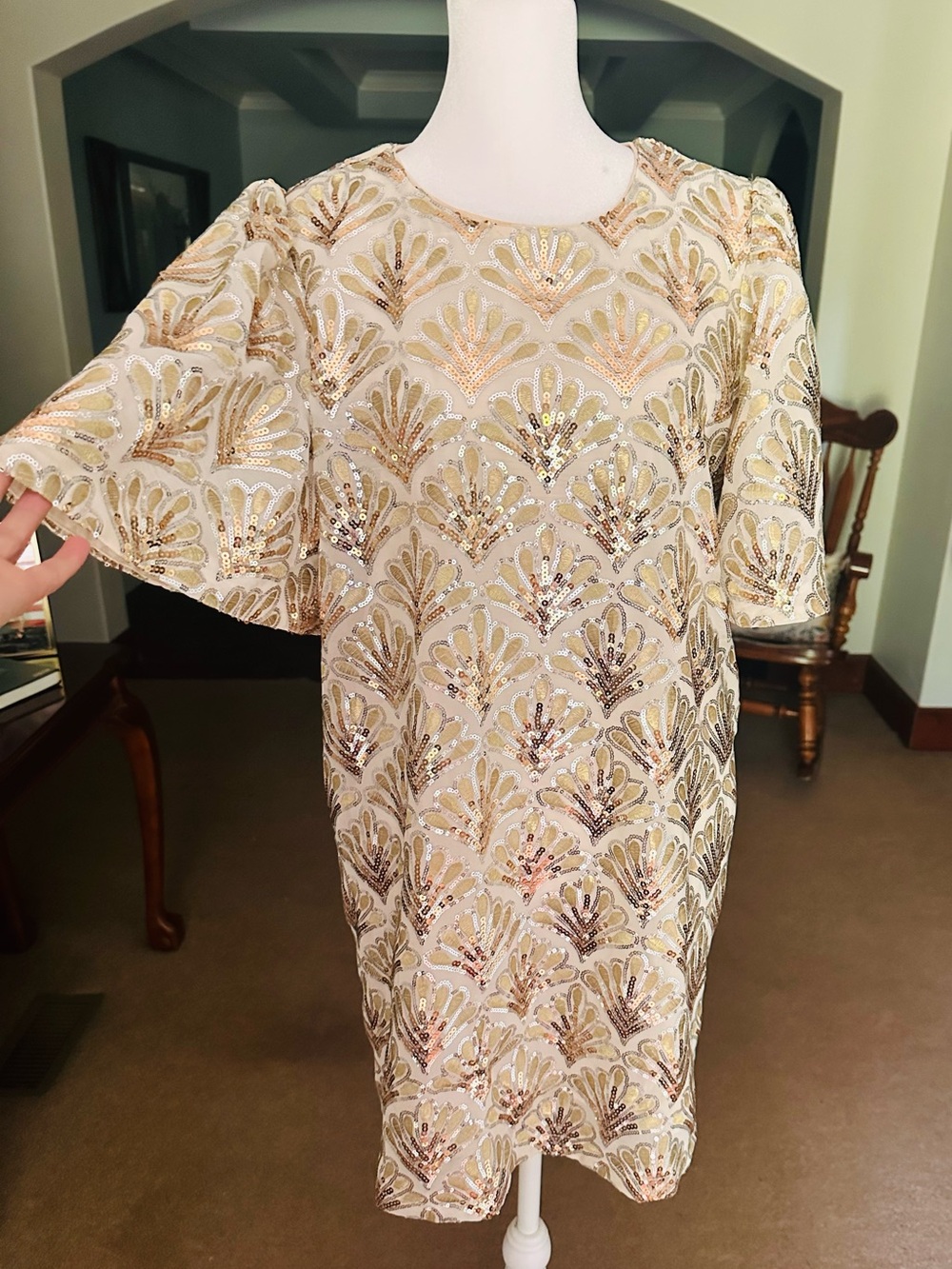 Just Me Ivory Dress with Gold Sequin Fan Motif
